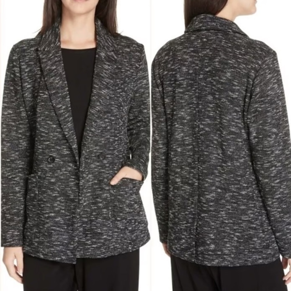 Eileen Fisher Black Tweedy Organic Cotton Knit Blazer Jacket Size Medium Office